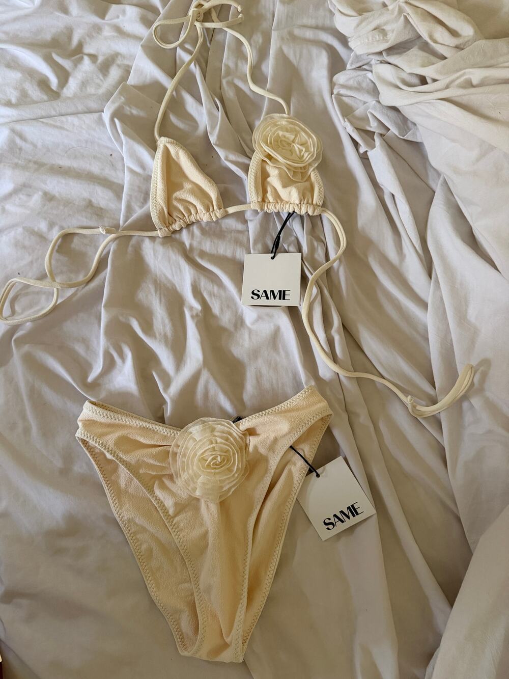 SAME La Vie En Rose Cream Faux Suede Rosette Bikini Set
